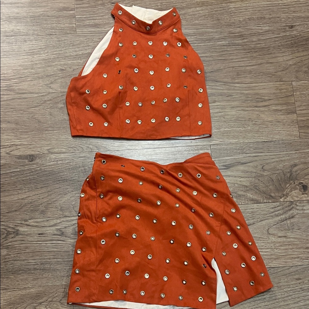 Orange Halter Top and Skirt Set with Eyelet Details